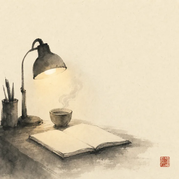 水墨:深夜書桌,一盞小燈與一杯冒著熱氣的茶